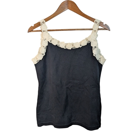 Vintage Tops - VINTAGE Debra C Beverly Hills Embroidery Lace & Black Cotton Rib Knit Tank Top